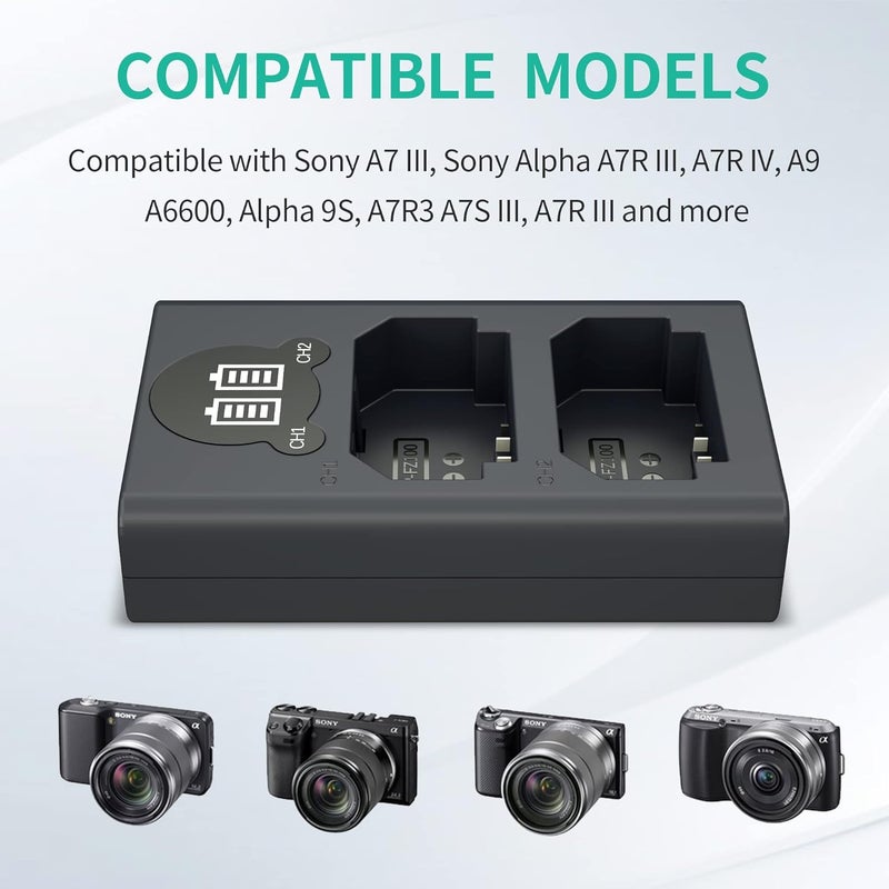 L & P NP-FZ100 Camera Battery Charger, Dual USB Charger with LCD Display, Compatible with Sony A7iii, A7iv, A7C, A6700, A6600, ZV-E1, ZV-E10ii, FX3, FX30, A9, Alpha 9, Alpha 9S, A9S, A7R3, A7R4 Camera - Image 2